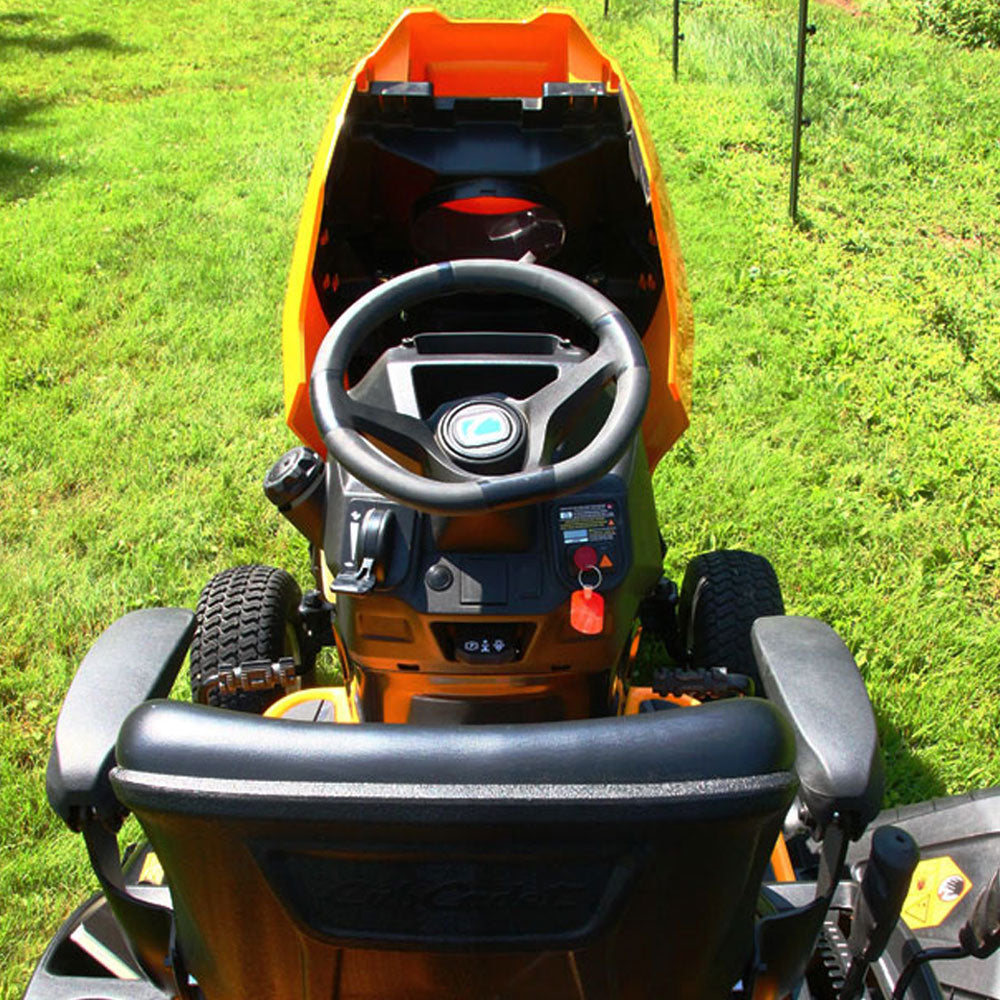 Premium ride on mower-Electronic Fuel Injection. Highback seat & cup holder, auto hydro transmission,cruise control. 25% better fuel economy, push-button start. Precise steering,16"turn radius. 679cc Cub Cadet V-Twin EFI Engine, Auto Diff Lock, 12 cutting heights, 42"deck, Hydrostatic Auto Transmission, 6 Year Warranty 123