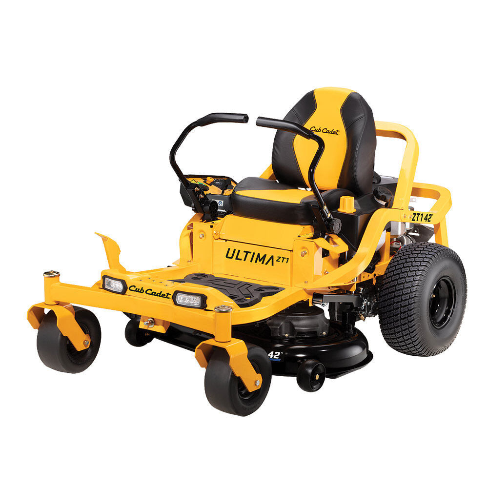 Cub Cadet Ultima ZTI 42 Zero Turn RideOn Mower. Comfort paramount-many ergonomic features. For a wide range of terrains. Agile zero turn, Cub Cadet's Signature Cutª, 2"square tubular steel frame, 21.5HP Kawasaki twin Engine, High back comfort seat, easy deck height adjustment, comfort lap bars, etc. 3 Year Warranty 123