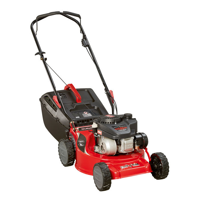 Duracut 410: Light & agile for small areas yet big enough up to 1/4 acre. Rover's "Great Start, Great Finish" motto -starts easily & delivers a manicured looking lawn. Ideal med. size mower. 45L catcher, quick release handle locks,140cc Rover engine, 2 high lift blades Safe Stop Engine brake. 5 Year Warranty.123